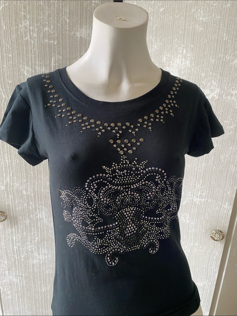 Black Short Sleeve Tee with Decorative Stud Design